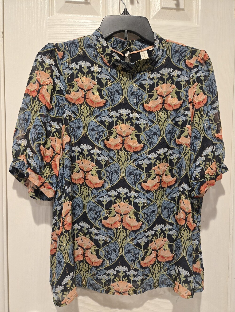 Meadow Rue by Anthropologie Basilique Blouse, featuring a stunning metallic gold